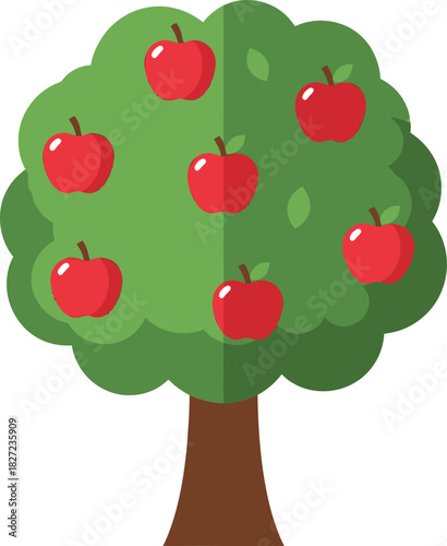 A vibrant cartoon apple tree with ripe red fruits on its green foliage and a sturdy brown trunk.