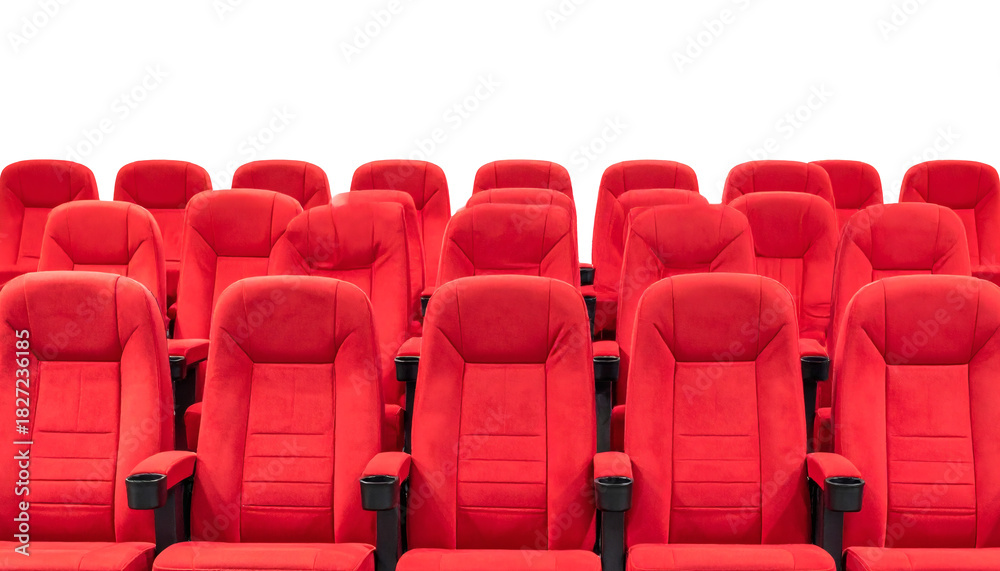 Obraz premium Rows of plush red theater seating invite anticipation for movies, shows, performances, and events with comfort