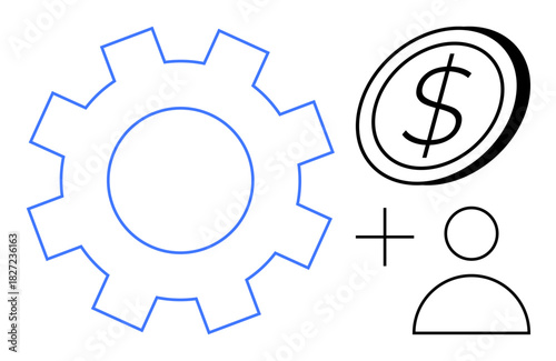 Gear, dollar sign, plus symbol, user icon visualizing concepts thumbs up teamwork, operations, finance, entrepreneurship, management systems innovation. Ideal for strategy growth or simple flat