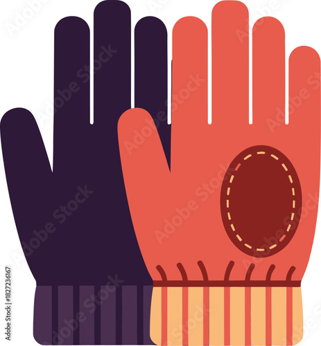Pair of winter gloves, one dark purple and one red-orange.