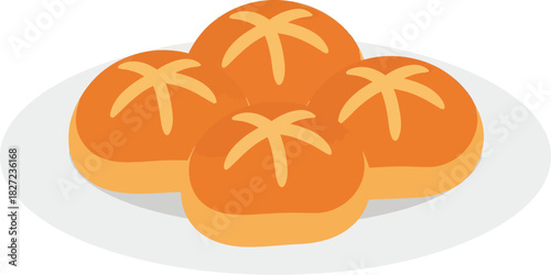 Four freshly baked golden brown bread rolls with a star pattern on a white plate.