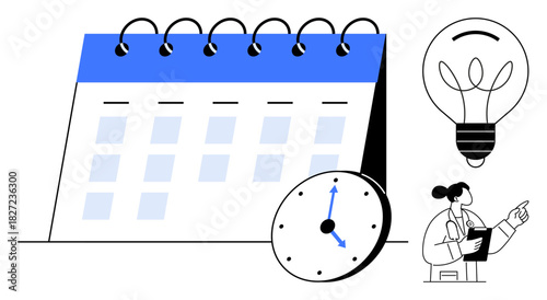 Calendar with spirals, clock, light bulb, and professional noting ideas. Ideal for planning, time management, creativity, productivity organization appointments schedules. Clean flat metaphor