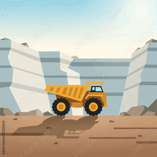 A large yellow dump truck is parked in a quarry, with a backdrop of layered rock formations and a bright blue sky, indicating industrial activity.
