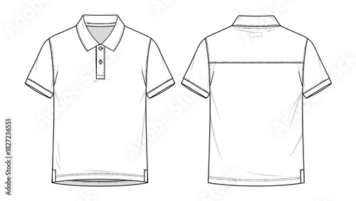 Detailed technical drawing of a short-sleeved polo shirt with collar, front and back views