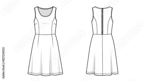 Flat fashion sketch of a sleeveless A-line dress with a zipper closure