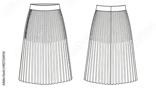 Fashion flat sketch of a pleated midi skirt, technical drawing for apparel design