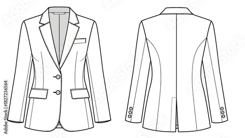 Detailed Fashion Illustration of a Classic Two-Button Suit Jacket, Front and Back Views