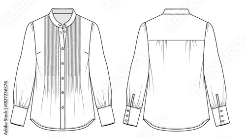 Fashion design flat sketch of a women's white collared blouse with pleated front and buttoned cuffs