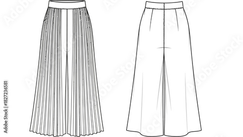Fashion illustration of a pleated midi skirt and a flared culotte skirt