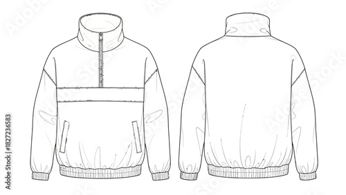 Fashion Flat Sketch of a White Quarter Zip Pullover Jacket with Elasticated Hem and Cuffs