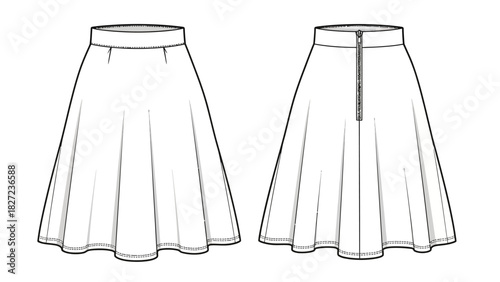 Fashion illustration of a flared skirt with zipper detail, front and back view