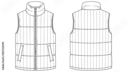 Front and back view of a puffer vest with vertical stitching and zipper