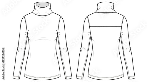 Fashion flat sketch of a women's long sleeve turtleneck top, front and back view
