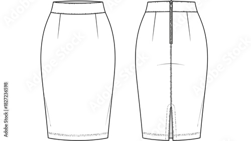 Fashion illustration of a pencil skirt with zipper and slit front and back view