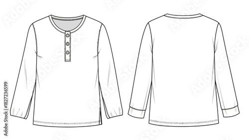 Long Sleeve Henley Shirt Technical Fashion Sketch Front and Back Views
