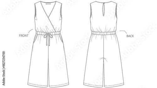 Fashion design flat sketches of a sleeveless wrap-front jumpsuit with drawstring waist and culotte legs