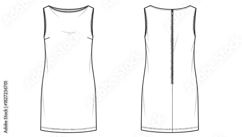 Simple Sleeveless Sheath Dress Fashion Flat Sketch with Back Zipper Detail