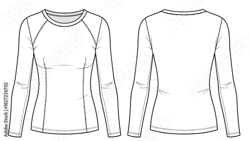 Fashion flat sketch of a long-sleeved athletic t-shirt with raglan sleeves and princess seams