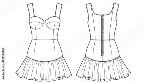 Fashion illustration of a sleeveless dress with a zipper and ruffled hemline