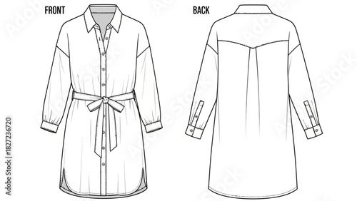 Fashion garment technical drawing front and back view of shirt dress with belt