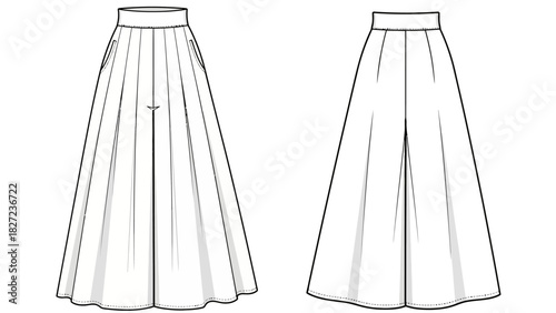 Technical Fashion Sketch of Pleated Culottes with Pockets and Side View