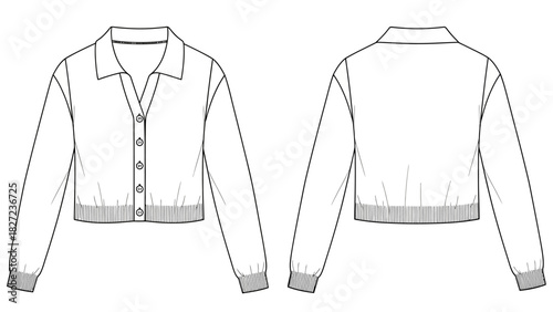 Fashion illustration of a collared, cropped cardigan with button-up closure
