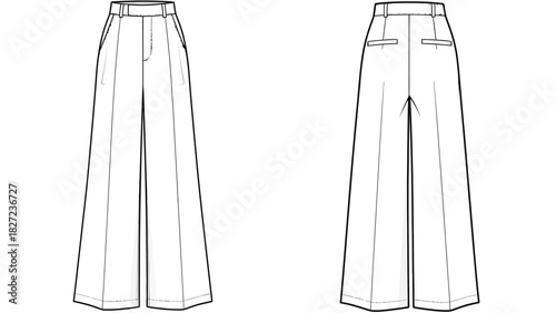 Front and Back View Illustration of Wide-Legged Palazzo Pants with Pockets