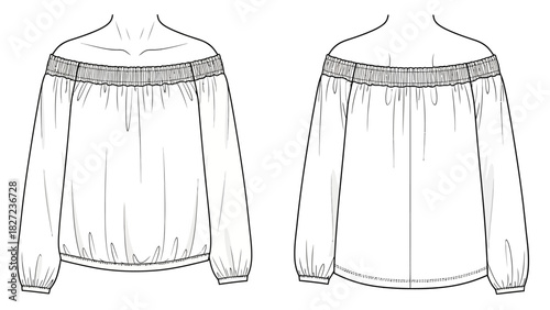Fashion illustration of an off-the-shoulder long-sleeved smocked peasant blouse, front and back views