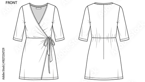 Fashion illustration of a flattering wrap dress with a tie waist detail and 3/4 length sleeves