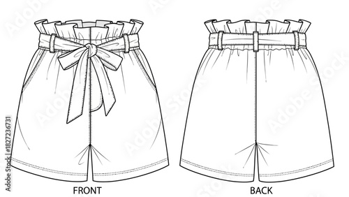Fashion illustration of high-waisted paperbag shorts with bow tie belt, front and back views