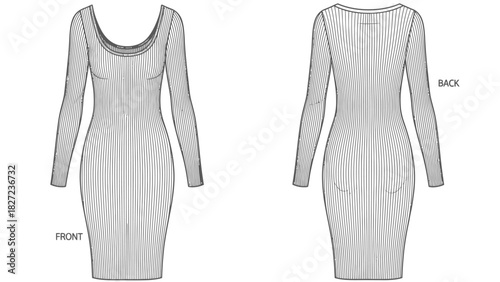 Fashion flat sketch of a form-fitting long-sleeved sheath dress shown from front and back views