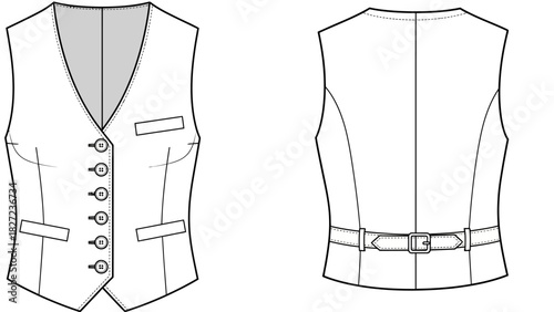 Front and back illustration of a formal tailored waistcoat, a classic wardrobe staple