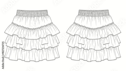 Fashion flat sketch of a ruffled tiered skirt for women's clothing design
