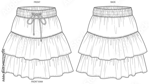 Fashion illustration of a tiered ruffle mini skirt with drawstring waist, front and back views