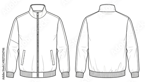 Front and back view of a classic bomber jacket fashion design sketch