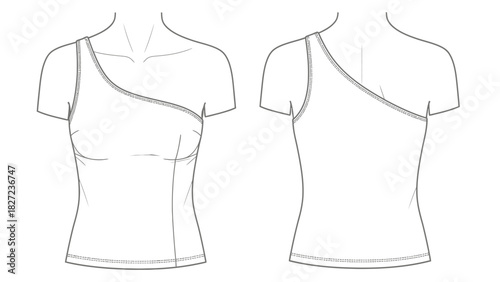 Fashion flat sketch of a stylish one-shoulder women's top, front and back view