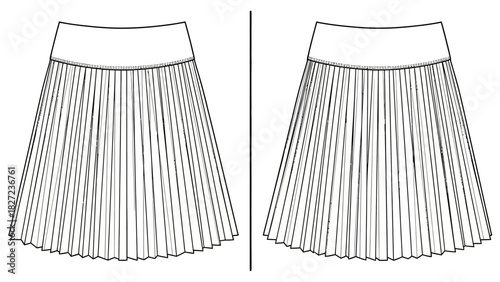 Fashion illustration of pleated skirt with waistband, front and back view, black and white line drawing