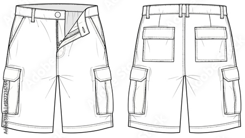 Detailed Fashion Sketch of Men's Cargo Shorts, Front and Back Views