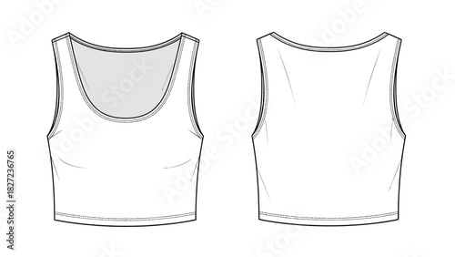 Fashion flat sketch of a white sleeveless crop top with a scoop neckline, front and back view