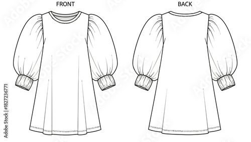 Fashion illustration of a casual long-sleeved dress with gathered puff sleeves and elasticated cuffs