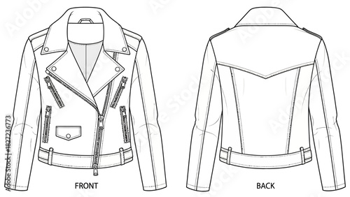 Fashion Sketch of a Classic Motorcycle Jacket Displayed Front and Back
