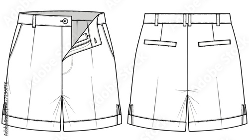 Flat sketch of a pair of cuffed shorts from the front and back views