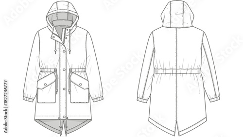 Front and Back View Illustration of a Hooded Parka Jacket with Drawstring Waist