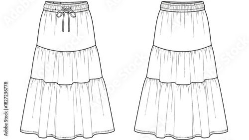 Fashion illustration of a tiered maxi skirt with drawstring waistband