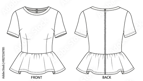 Fashion flat sketch of a short-sleeved peplum top with zipper detail on the back