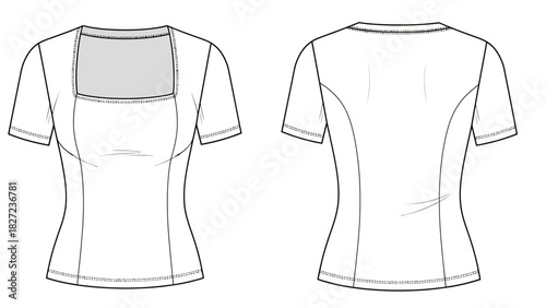 Fashionable square neckline top with short sleeves, front and back view illustration