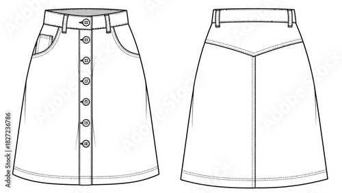 Fashion sketch of a denim skirt with button-down front and V-shaped yoke on the back