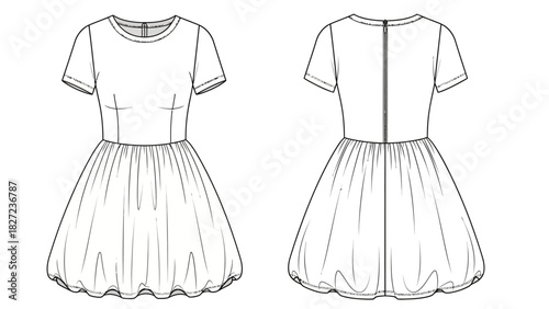 Fashion illustration of a short sleeve bubble hem dress with back zipper detail
