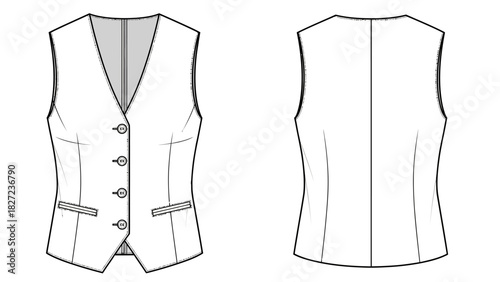 Front and back view illustration of a tailored vest with buttons and pockets
