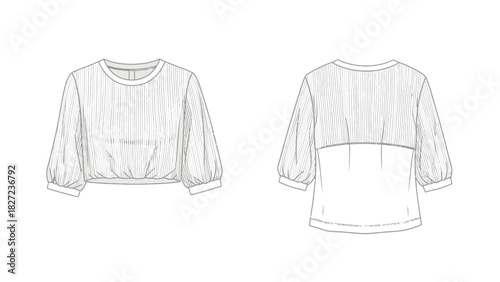 Fashion illustration of a cropped blouson sleeve top with elasticated hem